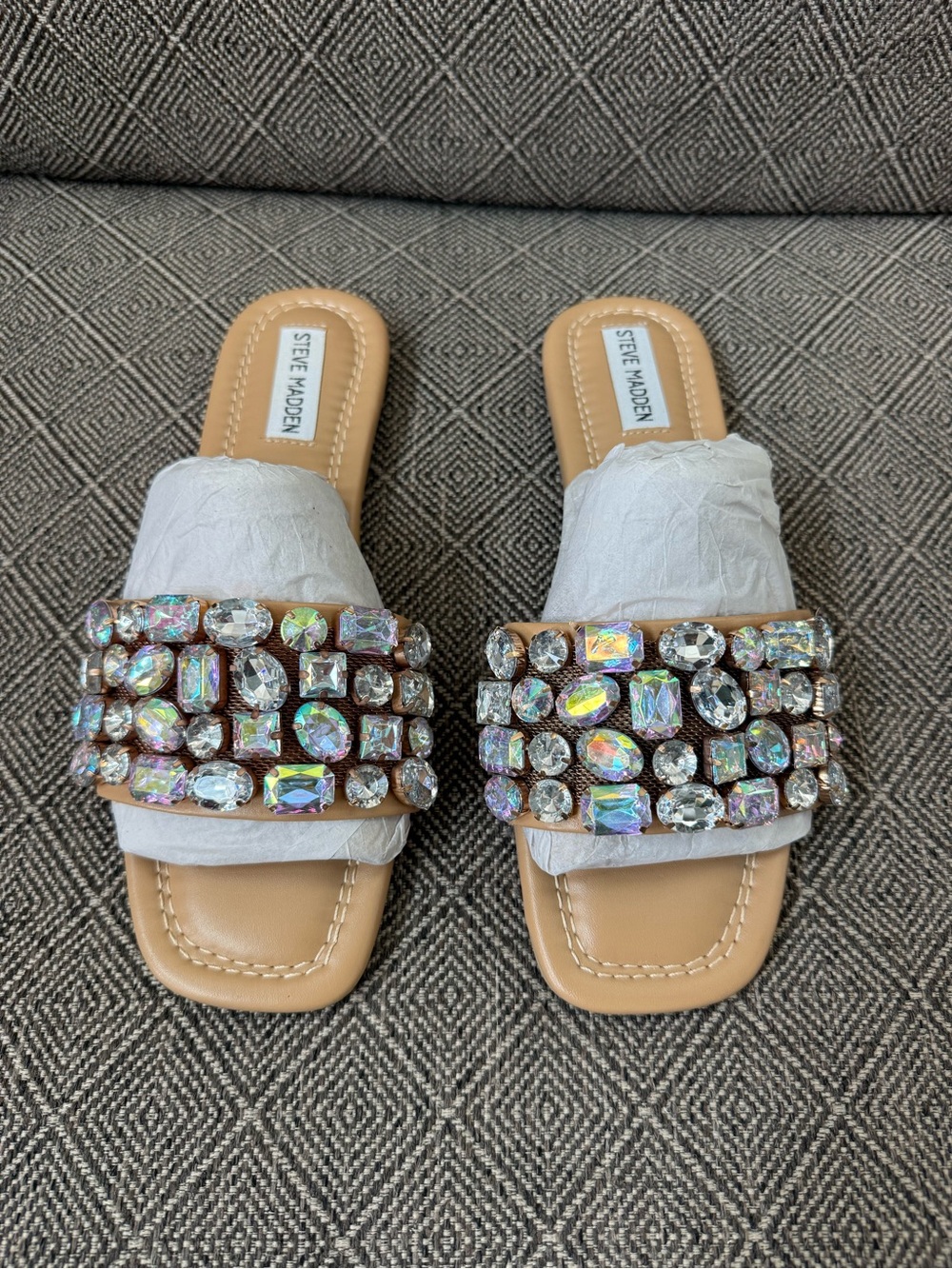Steve Madden White Slide Sandals with Iridescent Jewel Straps